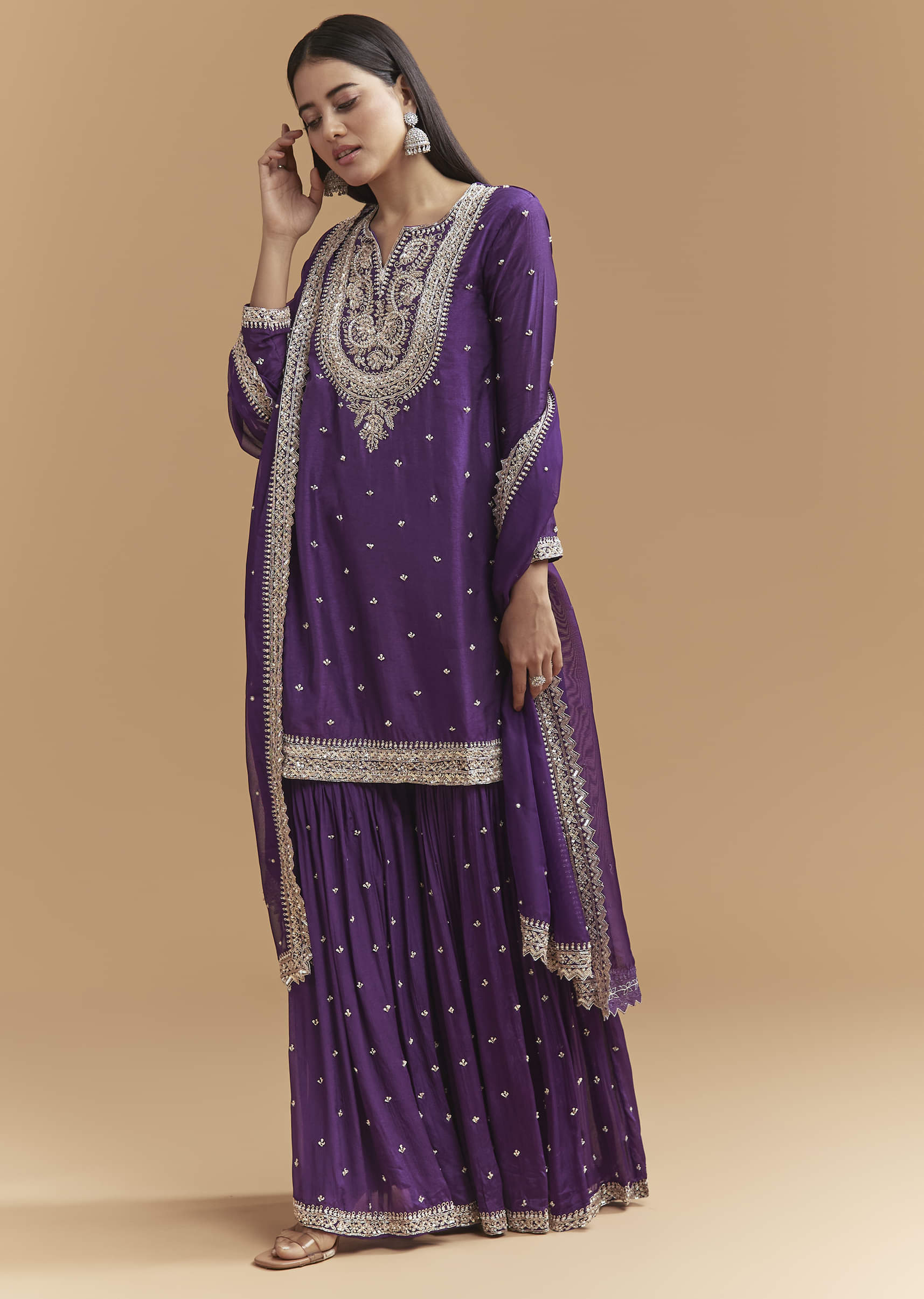 Purple Silk Sharara Suit With Heavy Hand Embroidery