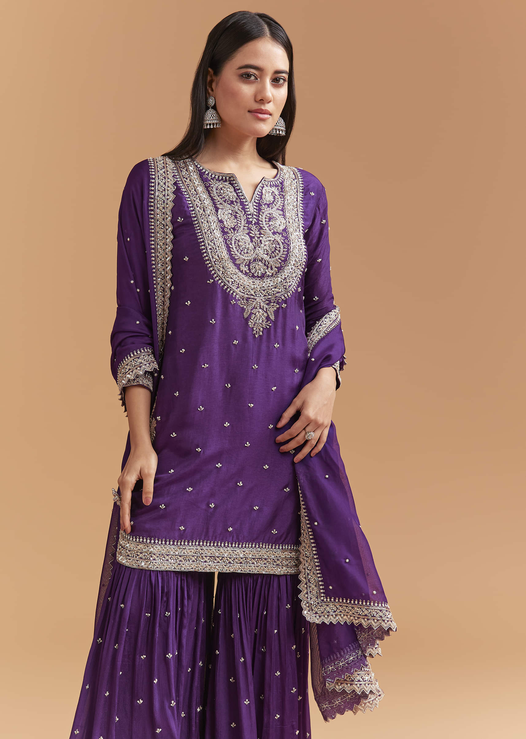 Purple Silk Sharara Suit With Heavy Hand Embroidery