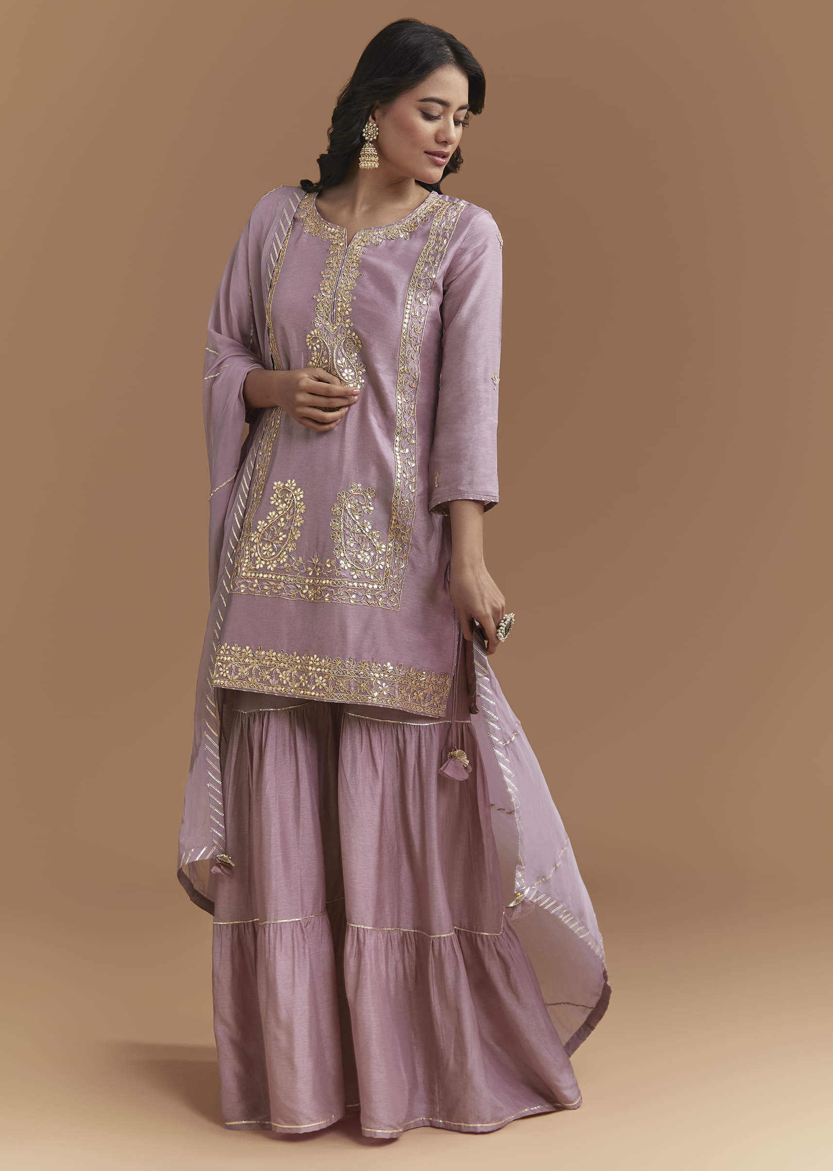 Purple Silk Sharara Suit With Intricate Gota Work