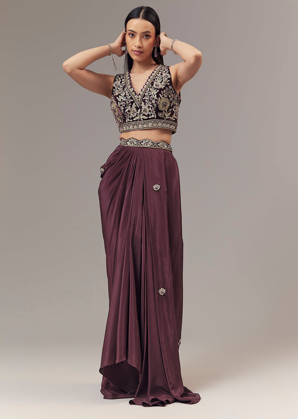 Purple Velvet Indo Western Crop Top And Draped Skirt Set With Embroidered Blouse