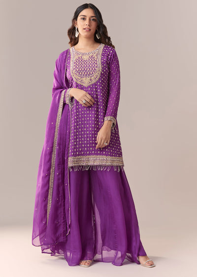 Purple Zardosi Palazzo Suit Set With Dupatta