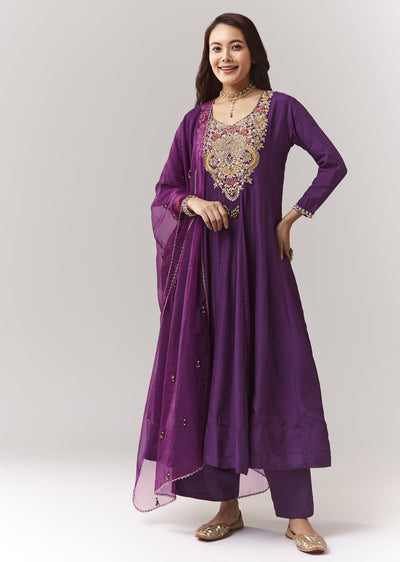 Purple Zardosi V-Neck Anarkali Pant Set With Dupatta