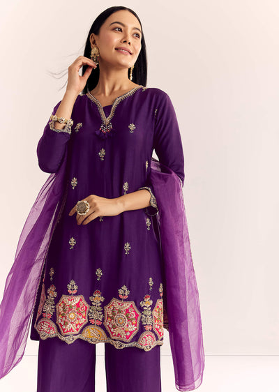 Purple Zardosi Work Dola Silk Kurta With Organza Dupatta