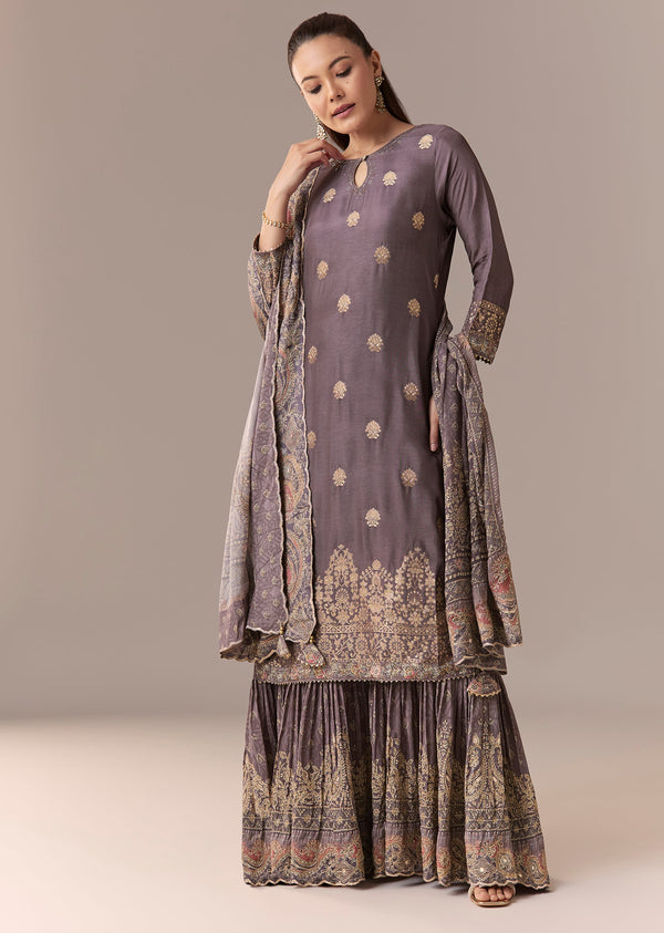 Purple Zari Butti Printed Anarkali With Dupatta