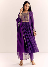 Purple Zari Neckline Chinon Anarkali Suit With Organza Dupatta