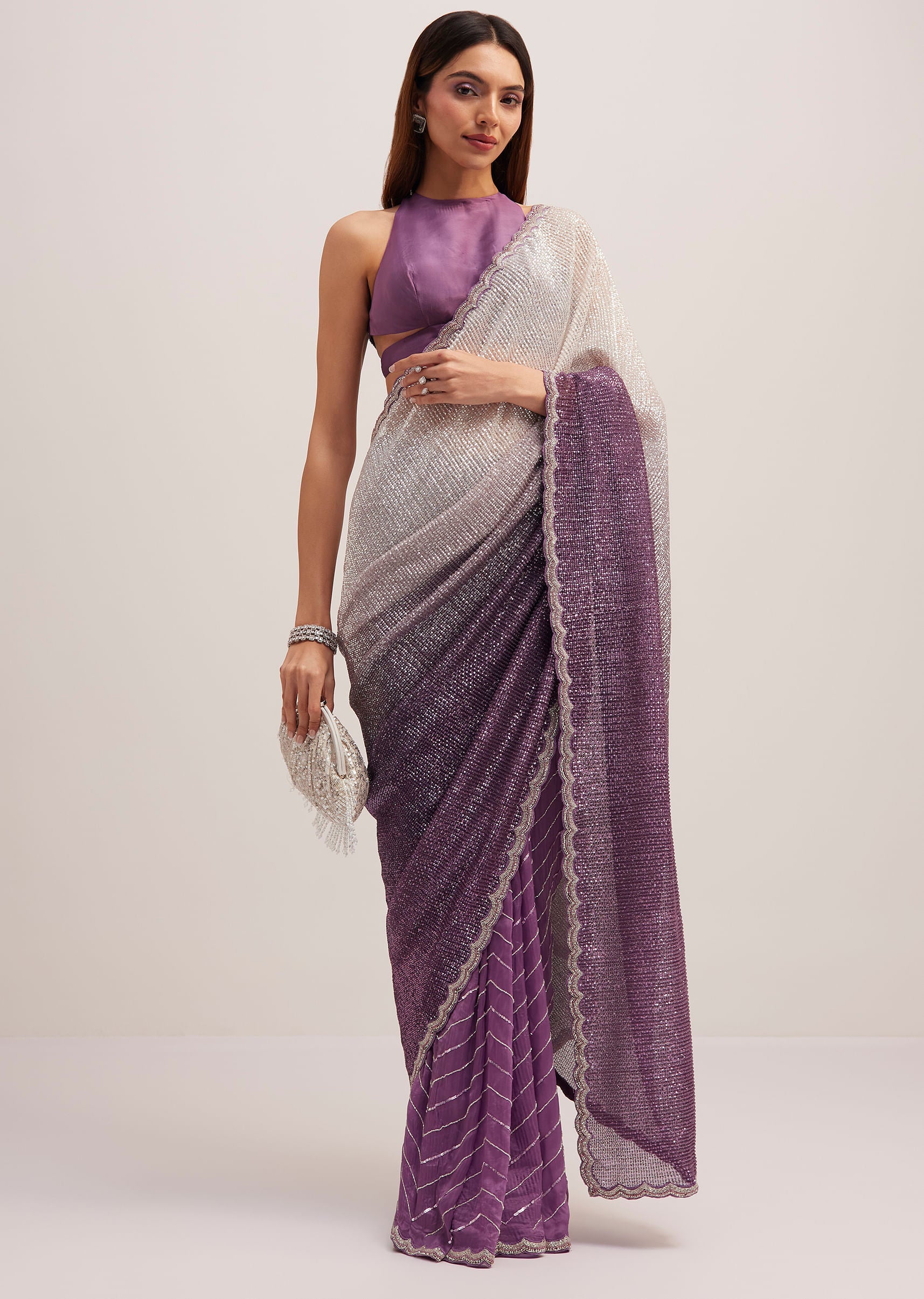 Purple Dual Shaded Half And Half Sequins Saree