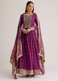 Purple Embroidered Anarkali Suit With Floral Dupatta