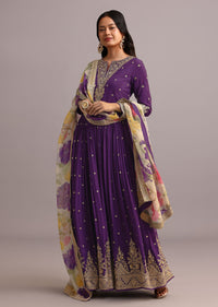 Purple Embroidered Anarkali With Floral Printed Organza Dupatta
