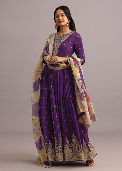 Purple Embroidered Anarkali With Floral Printed Organza Dupatta
