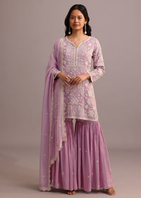 Purple Embroidered Sharara Set With Butti Work On Organza Dupatta