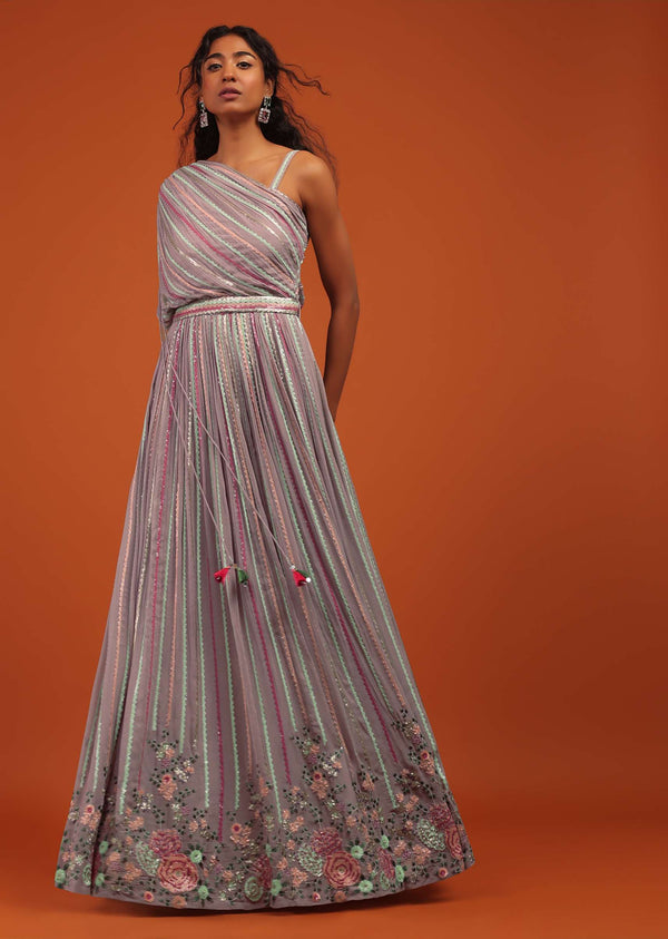Purple Indo Western Gown In Georgette With Multi Color Floral Embroidery