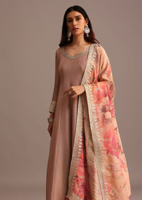 Purple Mauve Embroidered Anarkali Suit With Floral Printed Dupatta