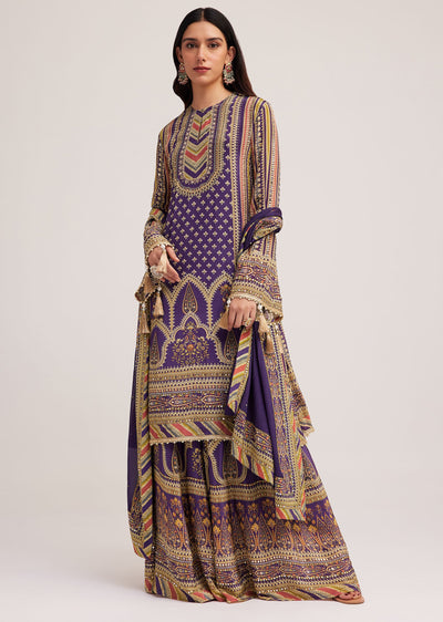 Purple Printed Palazzo Set With Mirror Work