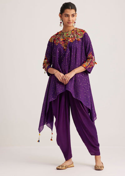 Purple Silk Kurta Dhoti Set With Resham Embroidery And Tassel Details