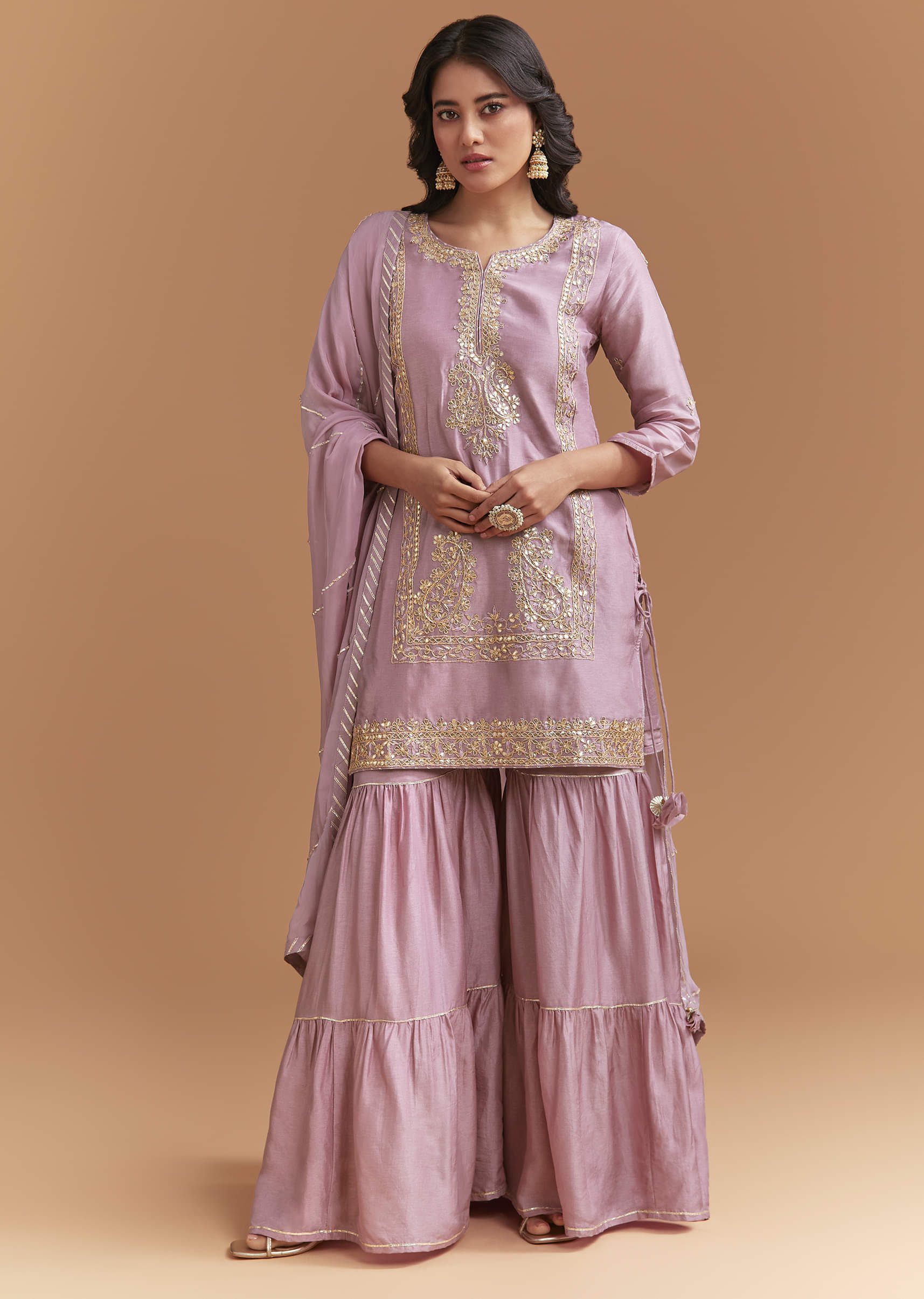 Purple Silk Sharara Suit With Intricate Gota Work