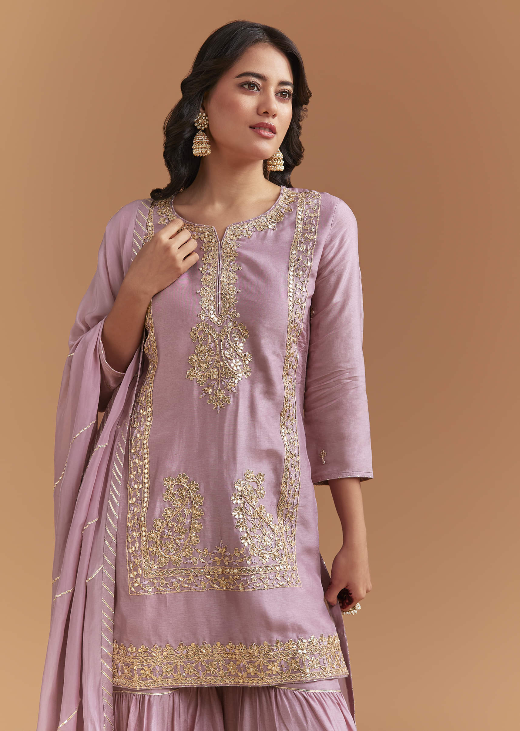 Purple Silk Sharara Suit With Intricate Gota Work
