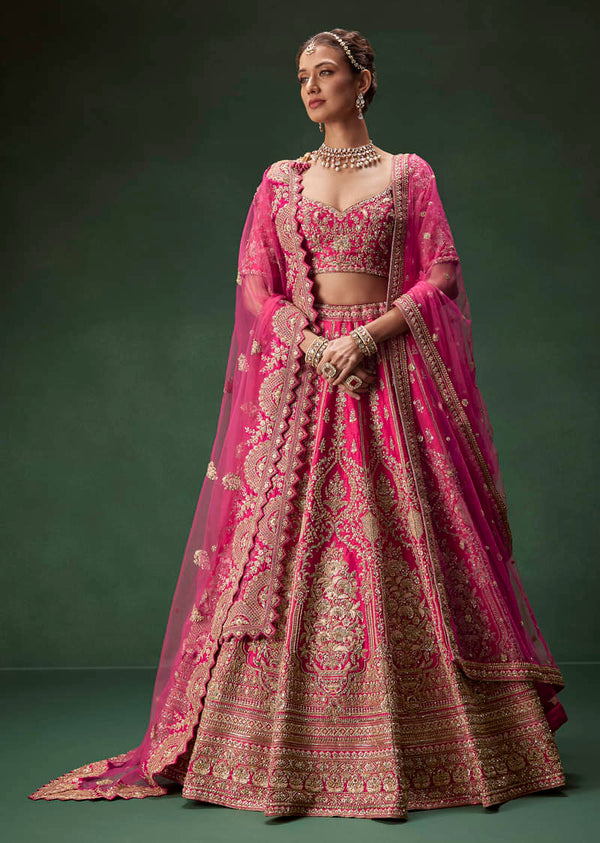 Rani Pink Bridal Lehenga With Gold Zari And Rich Embroidery