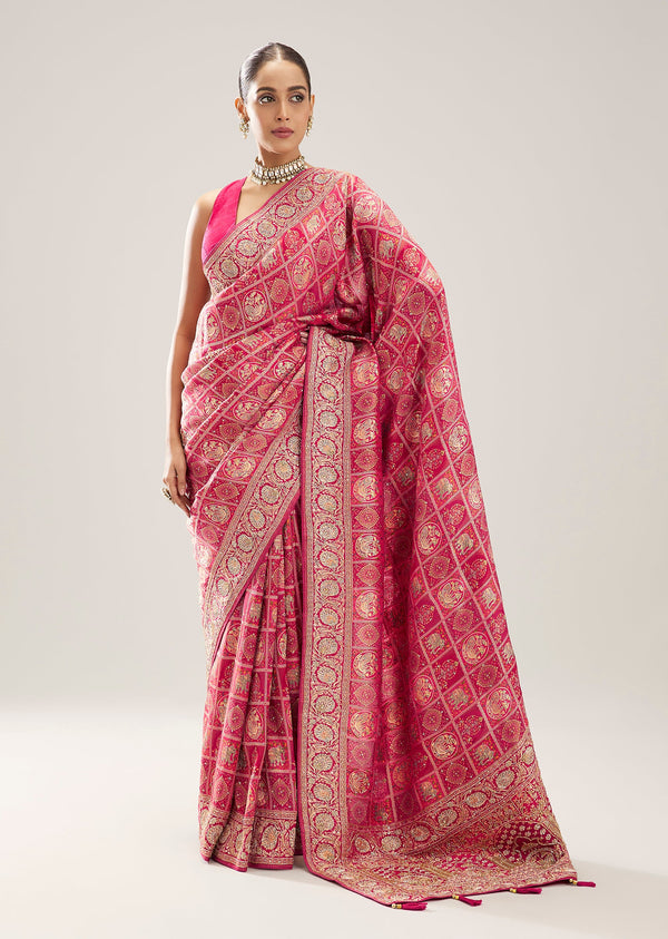 Rani Pink Dola Silk Saree With Heavy Zardosi Border