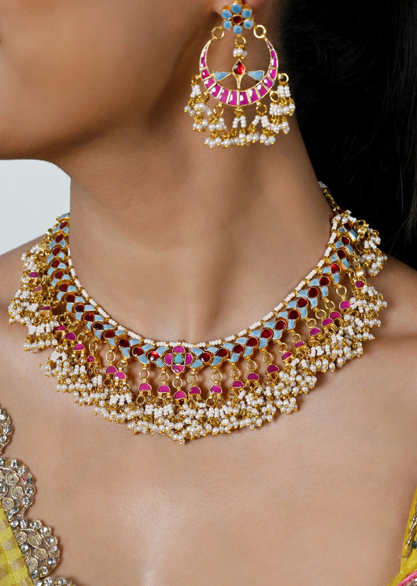 Rani Pink Kundan Necklace Set With Earrings