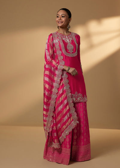 Rani Pink Satin Sequined Palazzo Suit Set