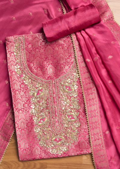 Rani Pink Tissue Brocade Embroidered Unstitched Suit Set