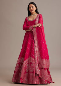 Rani Pink Gold Weave Anarkali Set With Banarasi Dupatta