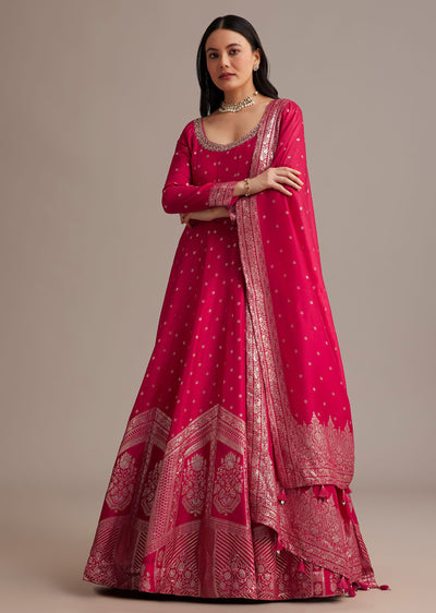 Rani Pink Gold Weave Anarkali Set With Banarasi Dupatta