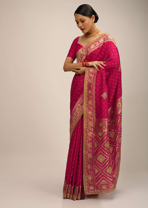 Rani Pink Saree In Silk With Brocade Geometric And Floral Design On The Pallu And Gotta Embroidery