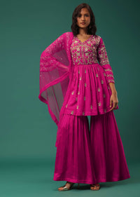 Rani Pink Sharara Suit Set In Silk With Floral Embroidery