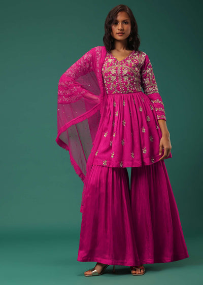 Rani Pink Sharara Suit Set In Silk With Floral Embroidery