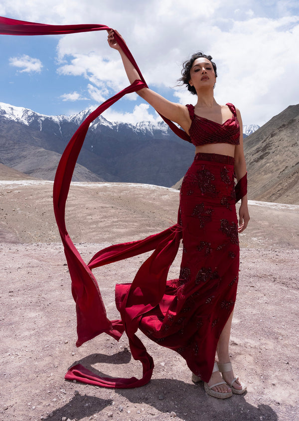 Red 3D Embroidered Skirt Set