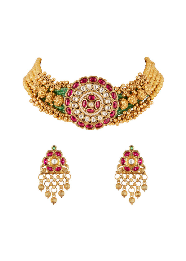 Red and Gold Traditional Kundan Polki Rajwadi Necklace Set