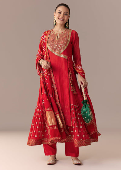 Red Angrakha Kurta Set With Bandhani Dupatta