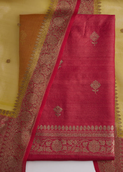 Red Banarasi Silk Unstitched Suit Set