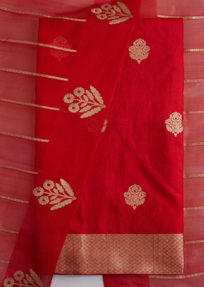 Red Banarasi Silk Unstitched Suit Set With Dupatta