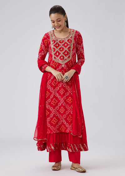 Red Bandhani Georgette Kurta with Pant