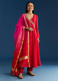 Red Chanderi Angrakha Style Kurta With Zardosi Butti Dupatta