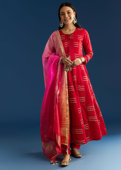 Red Chanderi Gotta Work Anarkali With Ombre Zari Butti Organza Dupatta