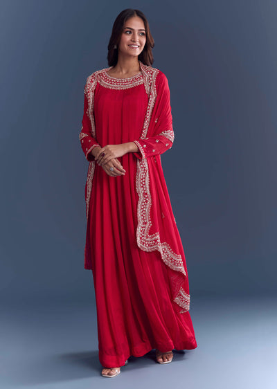 Red Chinon Anarkali Suit With Cutdana And Sequins Embroidery
