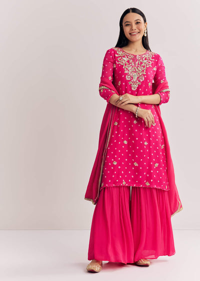 Pink Chinon Asymmetrical Kurta Palazzo Suit With Embroidery