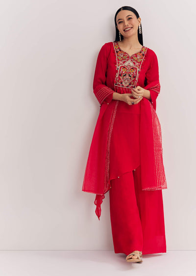 Red Chinon Asymmetrical Palazzo Suit With Embroidery