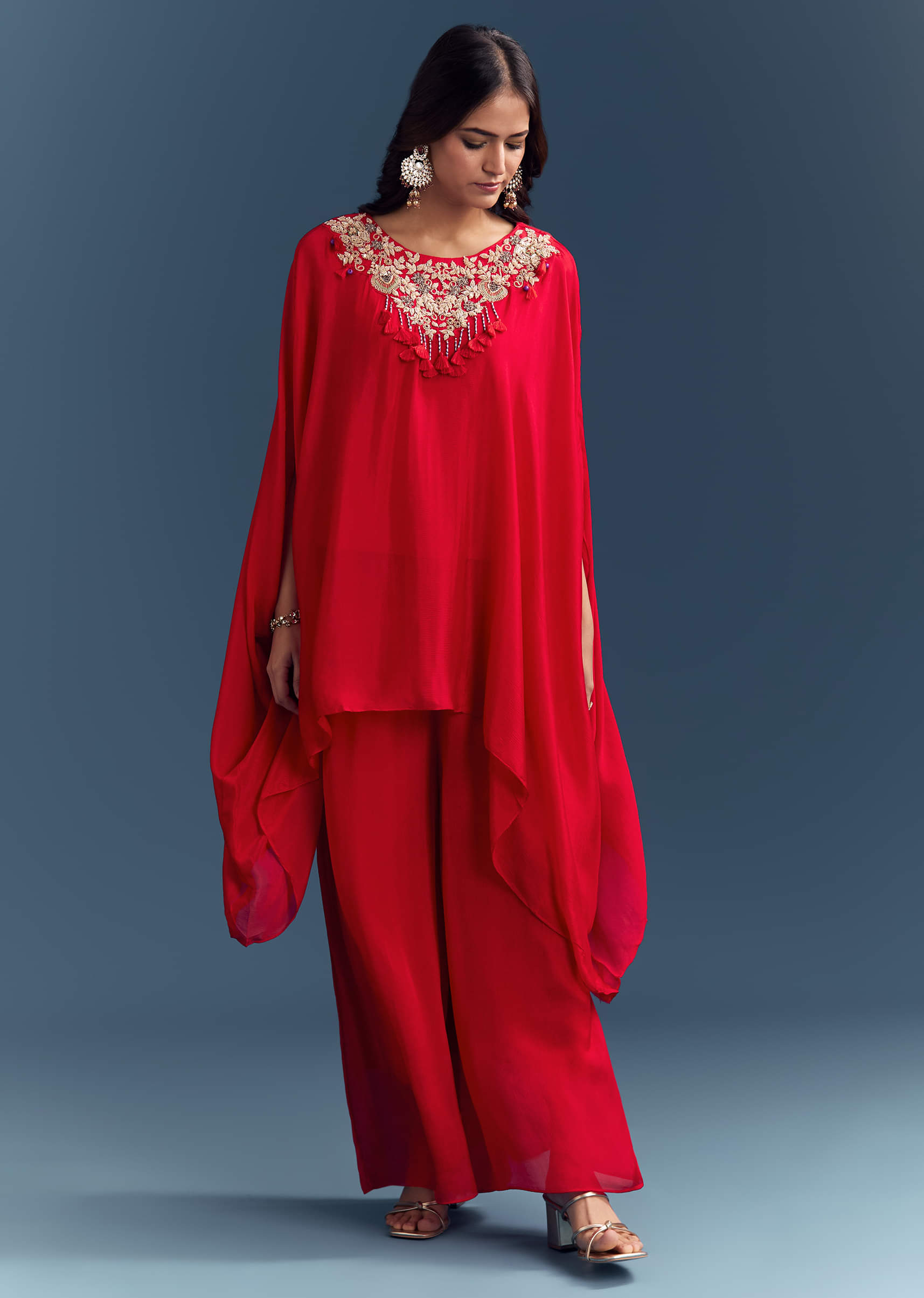Red Chinon Cape Top And Palazzo Set With Zardosi Work