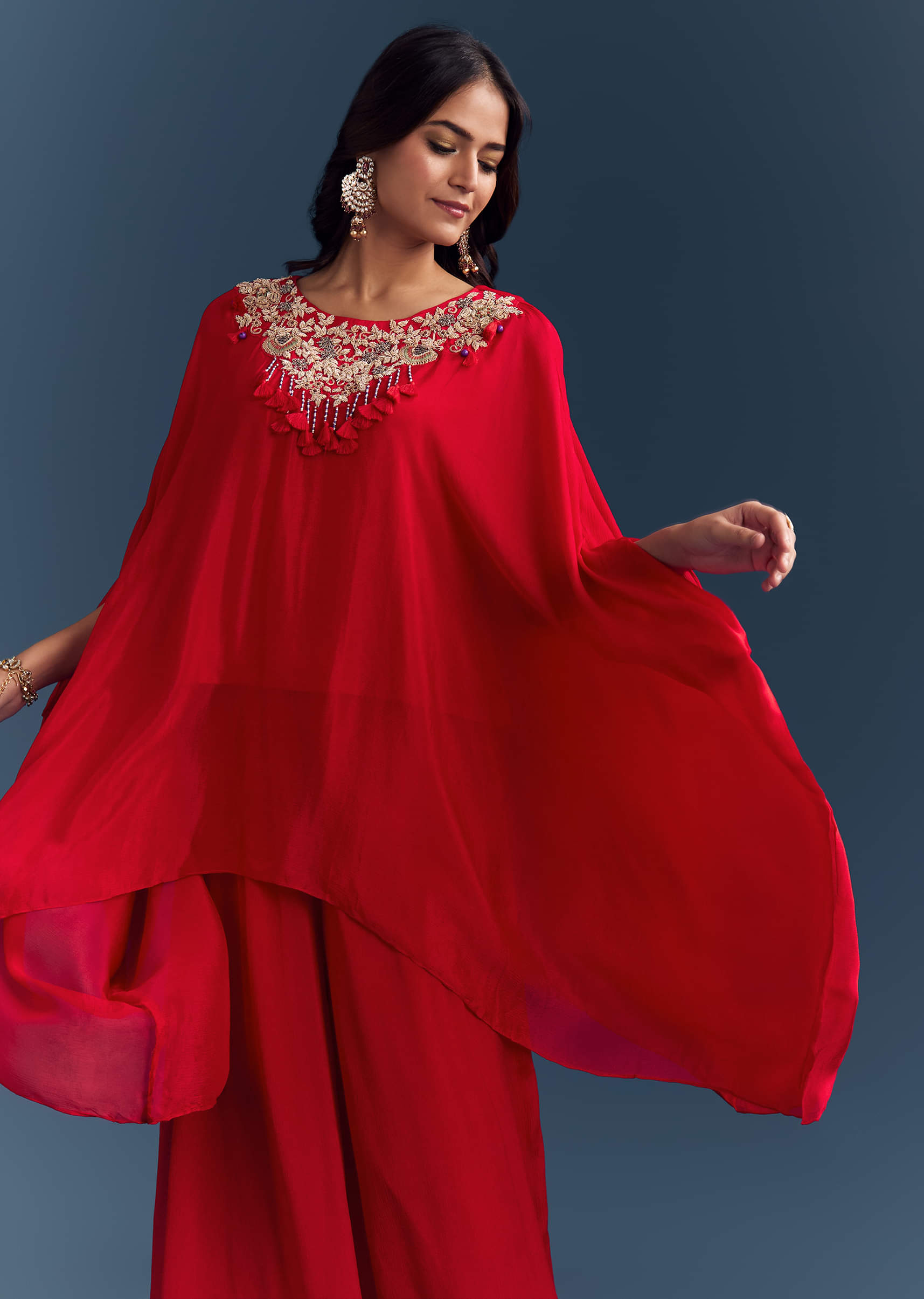 Red Chinon Cape Top And Palazzo Set With Zardosi Work