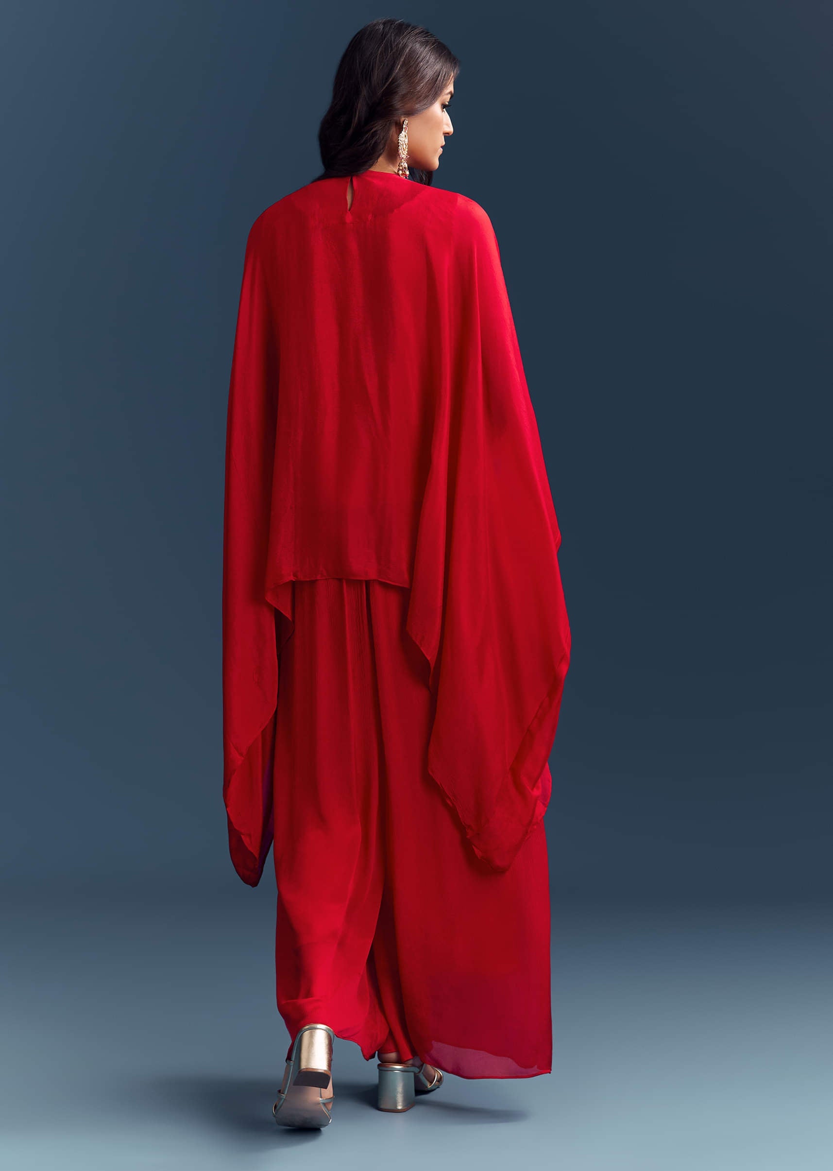 Red Chinon Cape Top And Palazzo Set With Zardosi Work