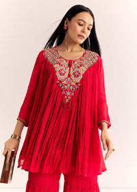 Red Chinon Flared Kurta Sharara With Thread Work