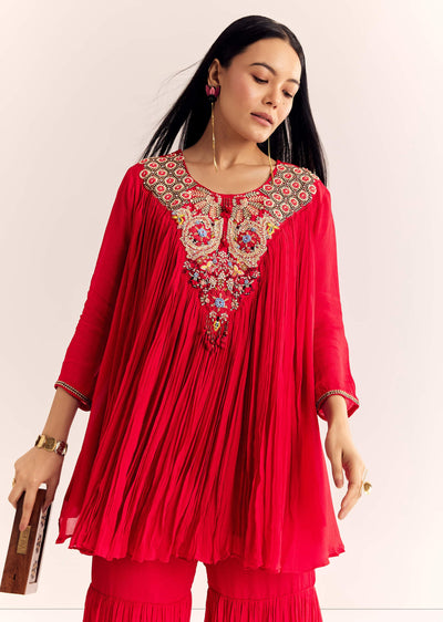 Red Chinon Flared Kurta Sharara With Thread Work