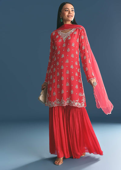 Red Chinon Kurta Sharara Suit With Moti And Cutdana Work
