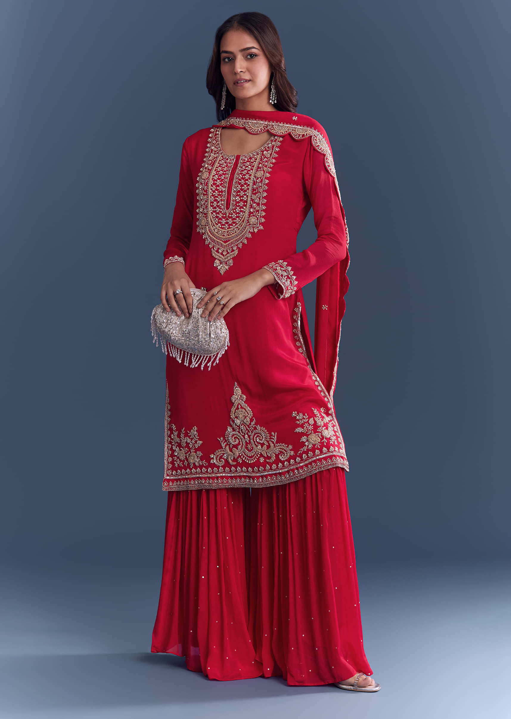 Red Chinon Sharara Suit With Cutdana And Sequins Embroidery
