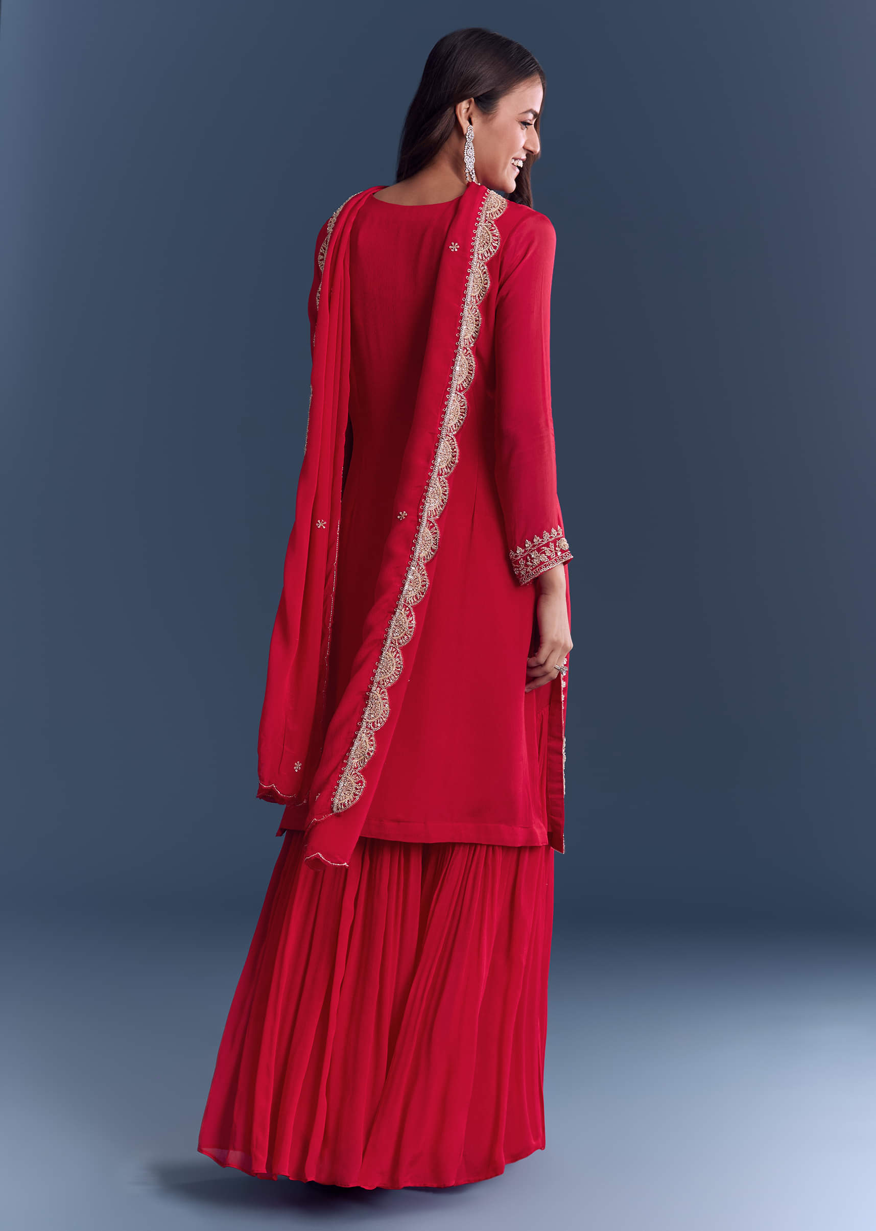 Red Chinon Sharara Suit With Cutdana And Sequins Embroidery
