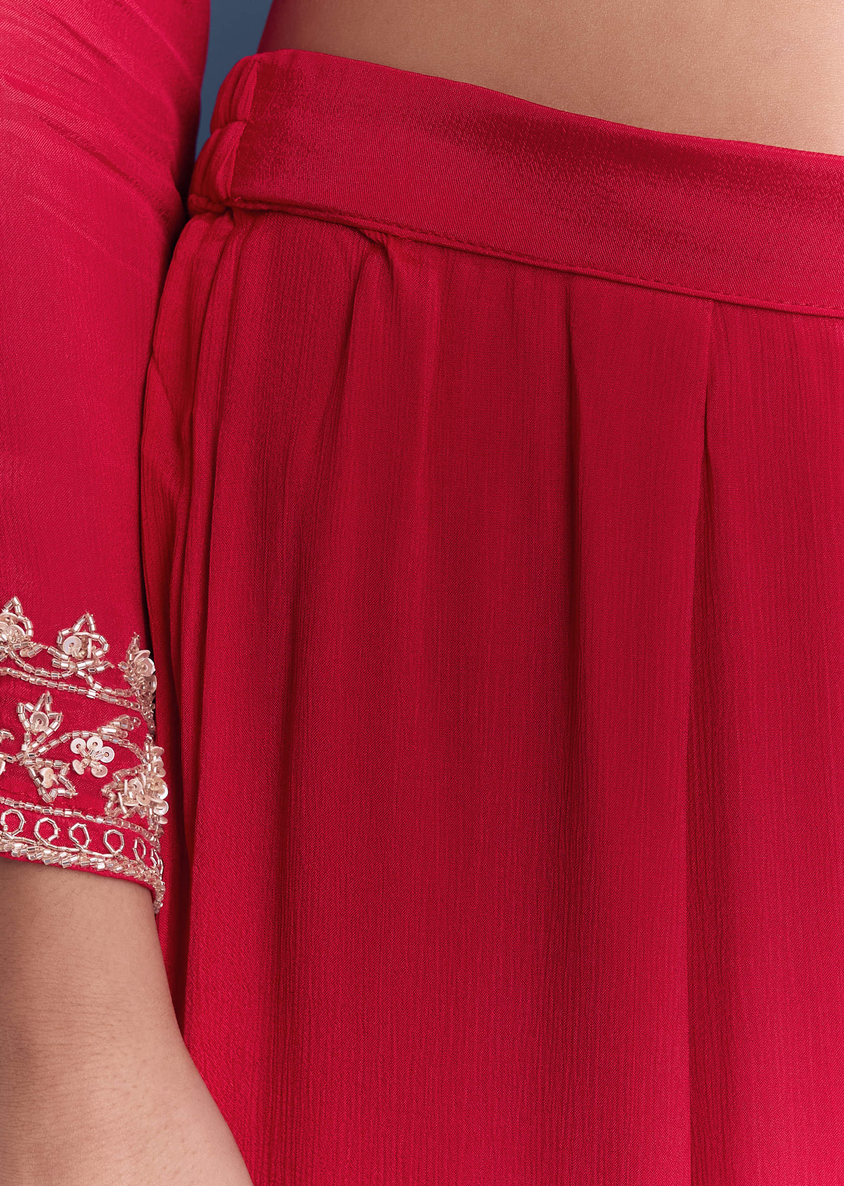 Red Chinon Sharara Suit With Cutdana And Sequins Embroidery